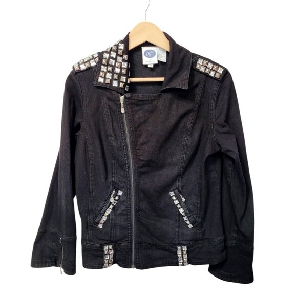 DG2 Moto Jacket M Black Denim Jean Rhinestone Trim Zippers Pockets Epaulets - Picture 5 of 16